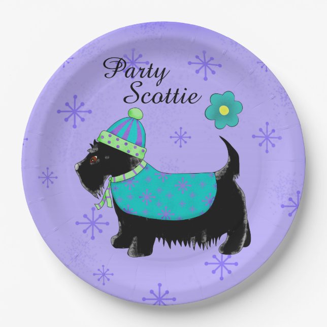 Black Party Scottie Terrier Dog Name Personalized Paper Plate (Front)
