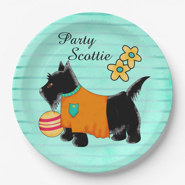 Black Party Scottie Terrier Dog Name Personalized Paper Plate (Front)