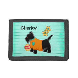Black Party Scottie Terrier Dog Name Personalized Trifold Wallet