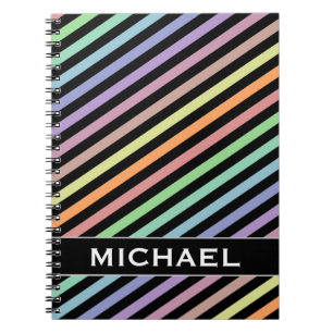 Black & Pastel Colour Lines Pattern + Custom Name Notebook