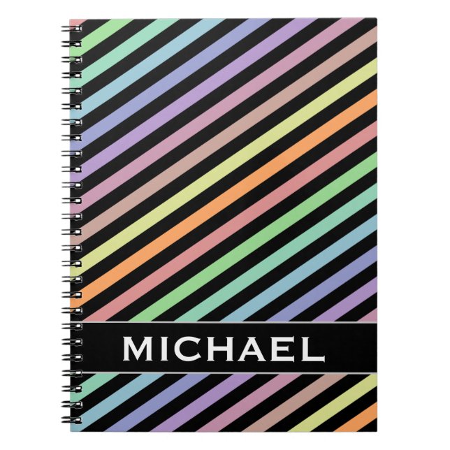 Black & Pastel Colour Lines Pattern + Custom Name Notebook (Front)