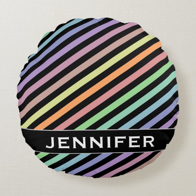 Black & Pastel Colour Lines Pattern + Custom Name Round Pillow (Front)