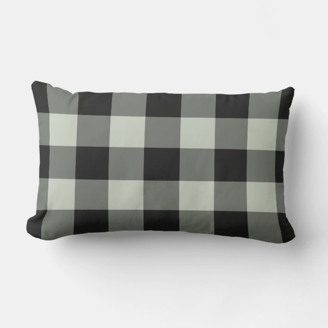 Black Pastel Green Gingham Buffalo Check Pattern Lumbar Pillow (Front)