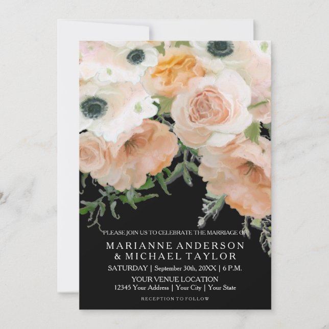Black Pastel Petals English Floral Roses Wedding Invitation (Front)