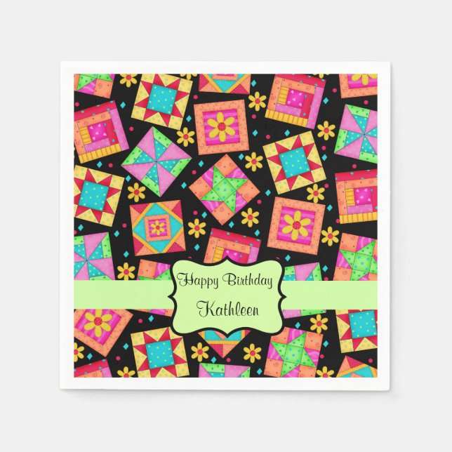 Black Patchwork Quilt Block Name Happy Birthday Napkin (Front)