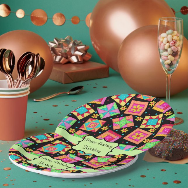 Black Patchwork Quilt Block Name Happy Birthday Paper Plate (Multi)