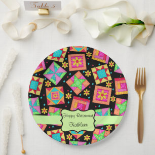 Black Patchwork Quilt Block Name Happy Retirement Paper Plate