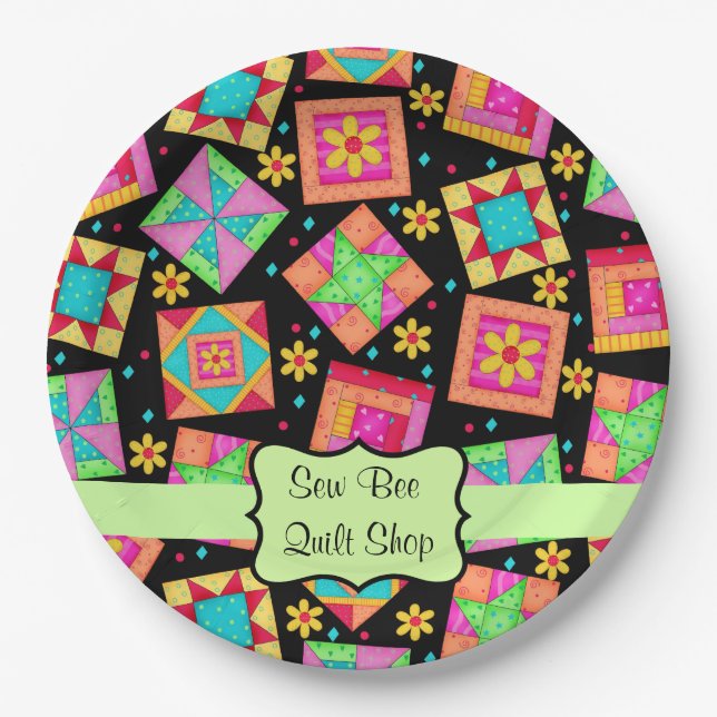 Black Patchwork Quilt Shop Customized Party Paper Plate (Front)