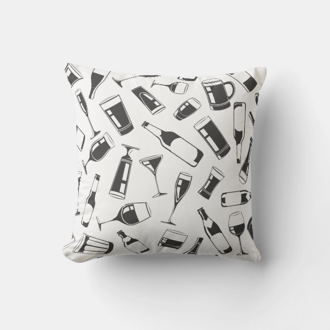 Black Pattern Drinks and Glasses Throw Pillow (Front)