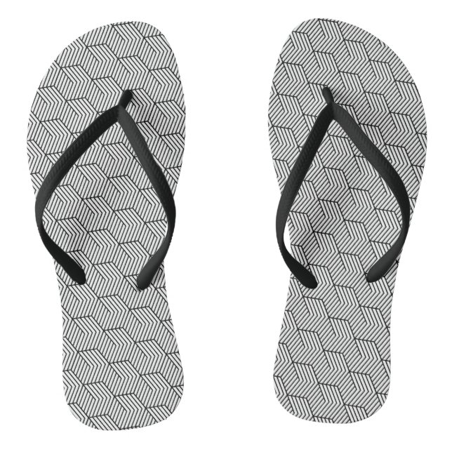 Black Pattern Line Cube Geometry Simple Flip Flops (Footbed)