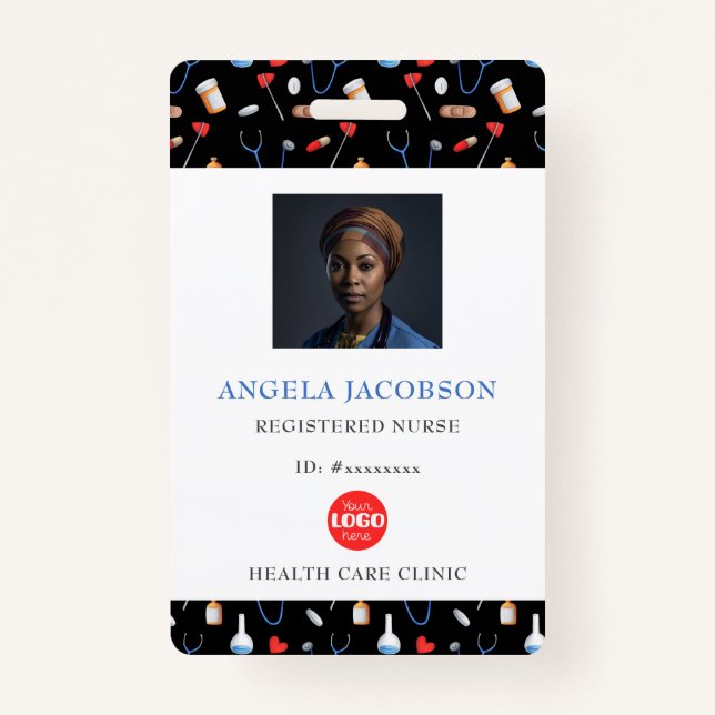 Black Pattern Registered Nurse Healthcare Logo QR Badge (Front)