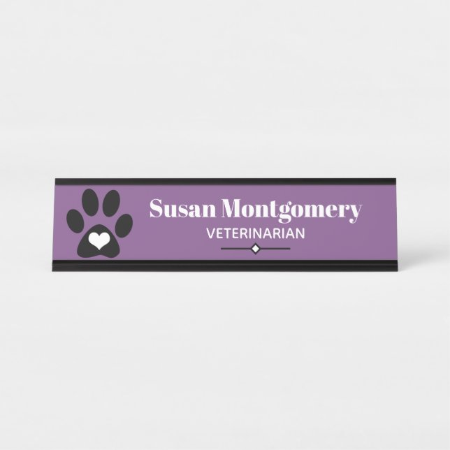 Black Paw Print & Heart Desk Name Plate (Front)