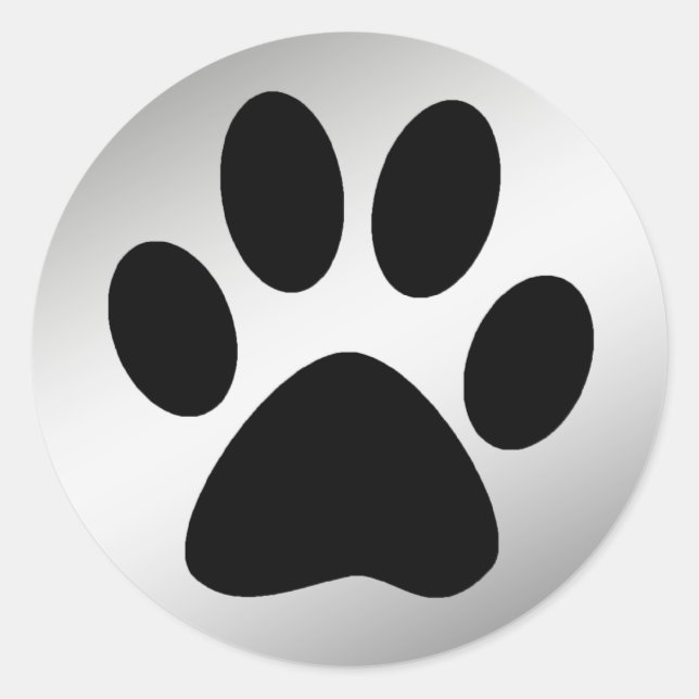 BLACK PAW PRINT ON SILVER CLASSIC ROUND STICKER (Front)