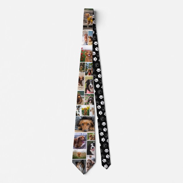 Black Paw Print Pattern Dog Photo Collage Tie (Front)