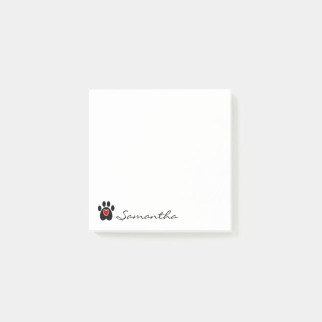Black Paw Print Red Heart Post-it Notes (Front)