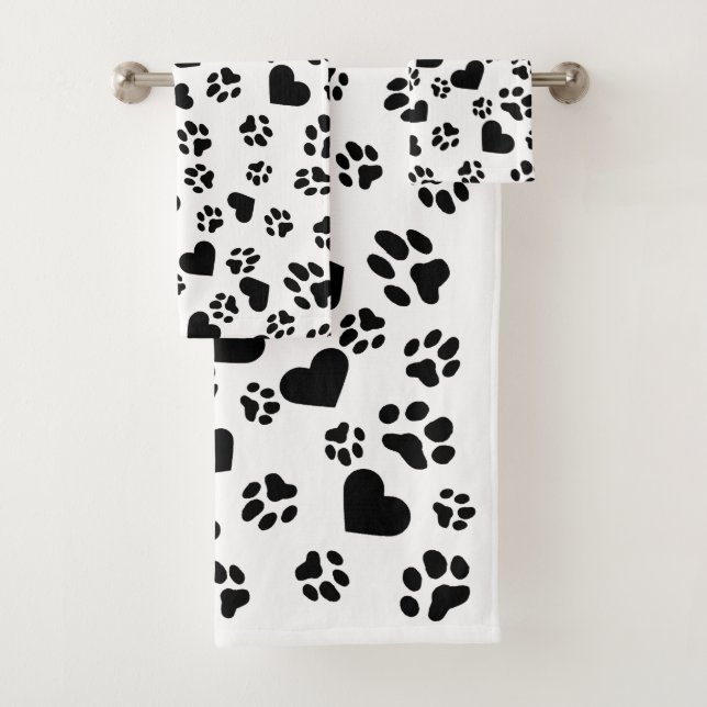 Black Paw Prints and Heart Pattern Bath Towel Set (Insitu)