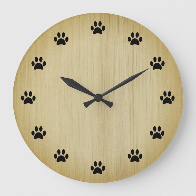 Black Paw Prints as Numbers Rustic Wood Background Large Clock (Front)