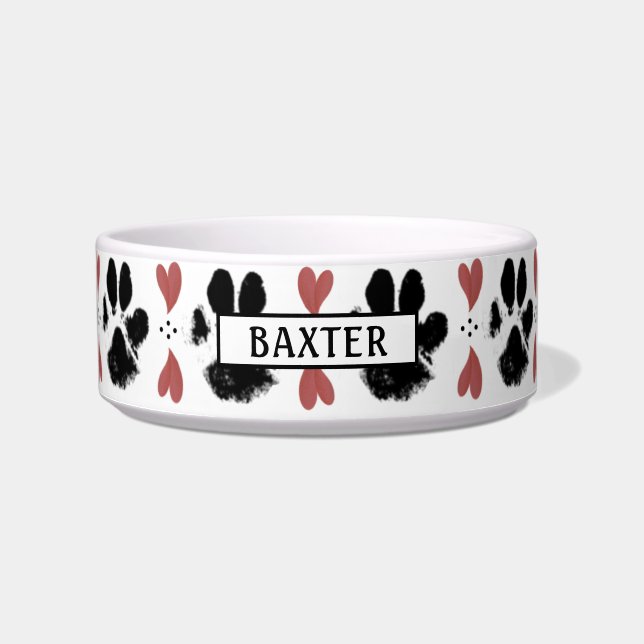 Black Paw Prints & Hearts | Editable Colour | Name Bowl (Front)