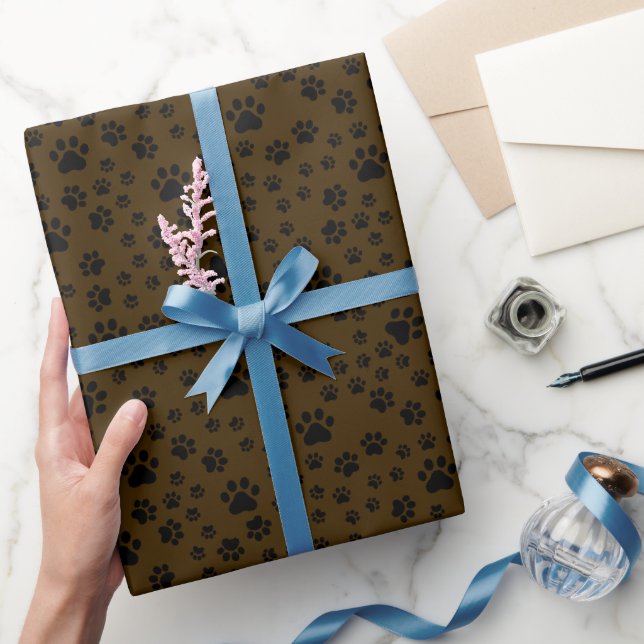 Black Paw Prints on Dark Brown Wrapping Paper (Gifting)