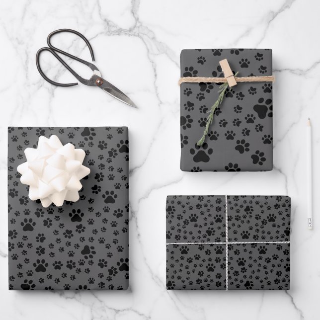 Black Paw Prints on Dark Grey  Wrapping Paper Sheet (Front)