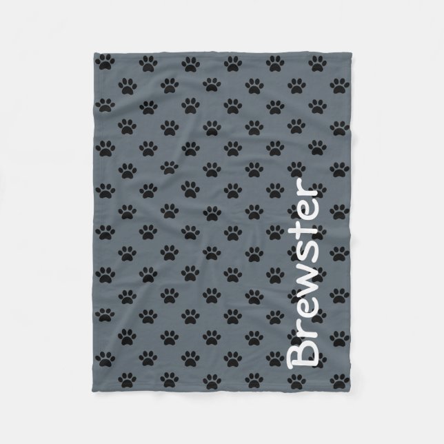 Black Paw Prints on Slate Grey Personalized Fleece Blanket (Front)