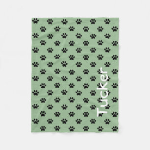Black Paw Prints on Soft Sage Green Personalized Fleece Blanket