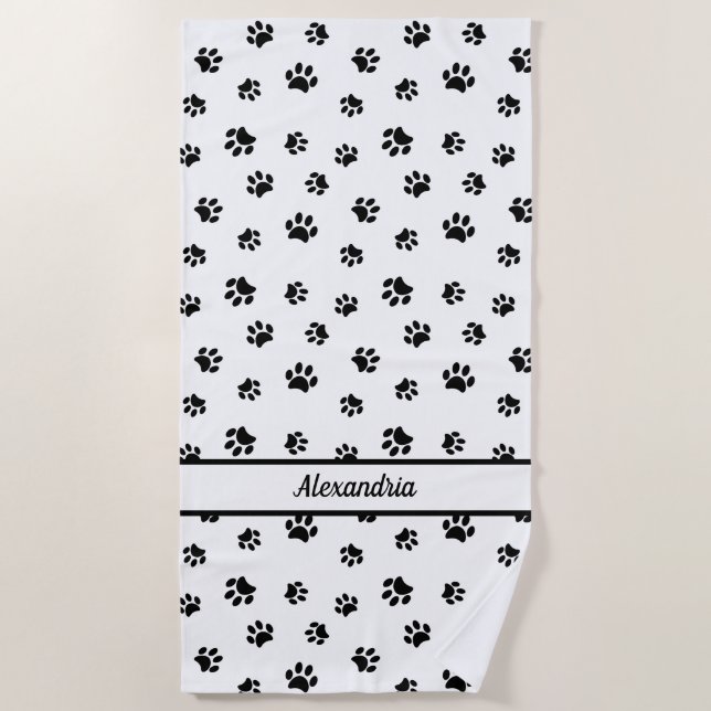 Black Paw Prints Pattern Personalized Beach Towel (Front)