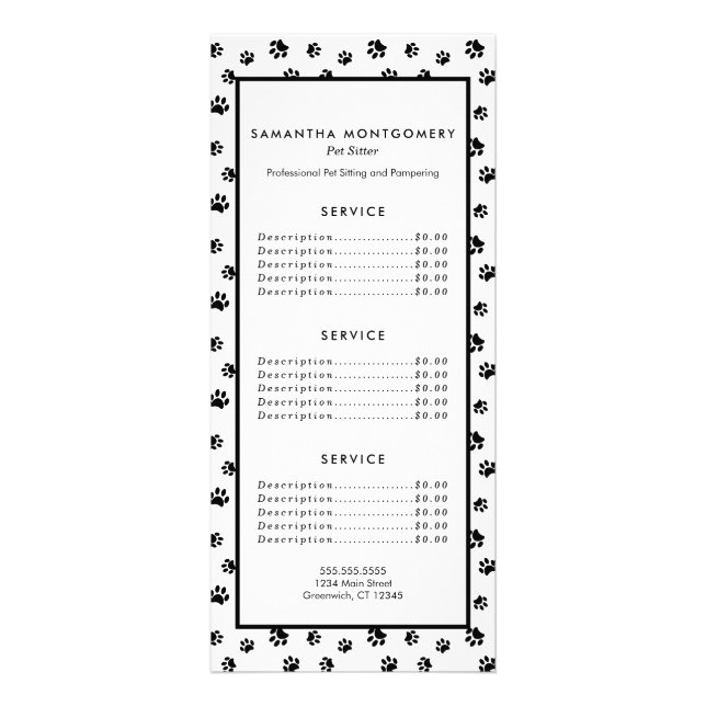 Black Paw Prints Pet Sitter Services Rack Card (Front)