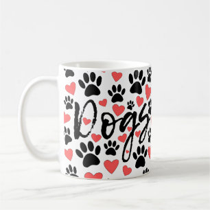 Black Paw Prints Red Hearts Typography Coffee Mug