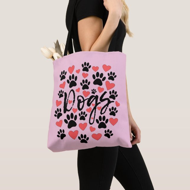 Black Paw Prints Red Hearts Typography Pink Tote Bag (Close Up)