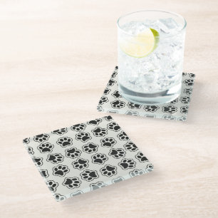 Black Paws, Dog Paws, Cat Paws, Outline Glass Coaster
