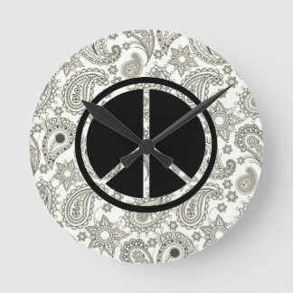 Black Peace & Paisley on White Round Clock