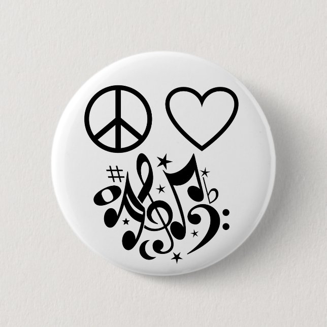 Black Peace Sign Red Heart Musical Harmony 2 Inch Round Button (Front)
