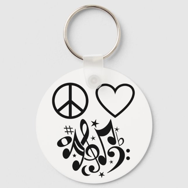 Black Peace Symbol Love Heart Dancing Music Notes Keychain (Front)