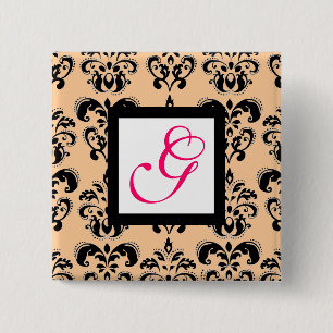BLACK PEACH DAMASK SQUARE PINK FUCHSIA MONOGRAM 2 INCH SQUARE BUTTON