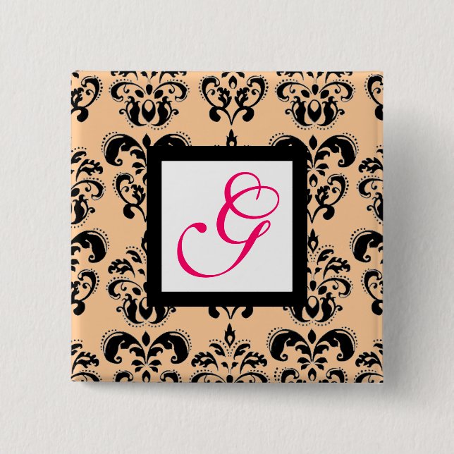 BLACK PEACH DAMASK SQUARE PINK FUCHSIA MONOGRAM 2 INCH SQUARE BUTTON (Front)