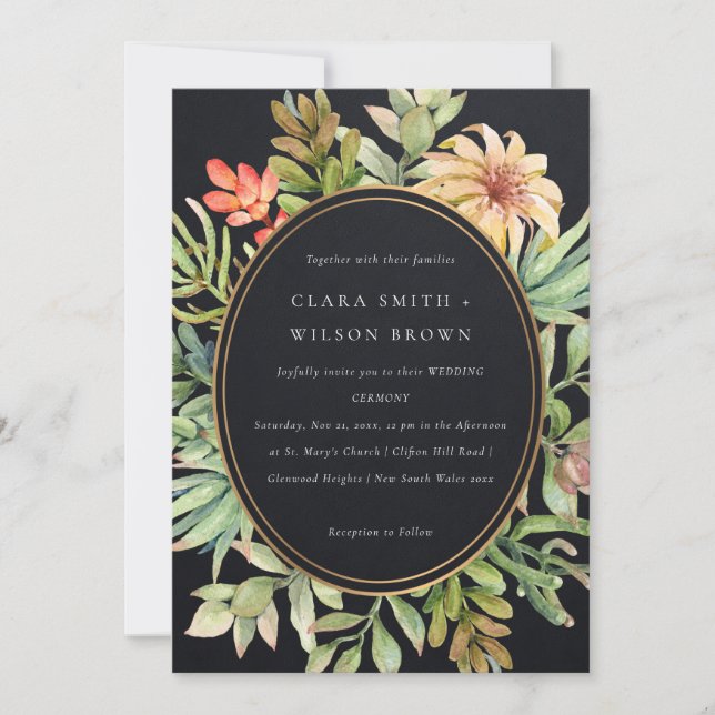 BLACK PEACH DESERT SUCCULENT CACTI FOLIAGE WEDDING INVITATION (Front)