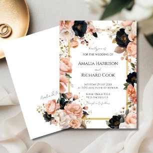 Black Peach Gold Floral Customizable Wedding Invitation