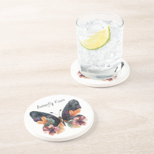 Black Peach Pink Floral Butterfly Kisses Coaster