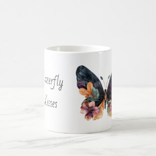 Black Peach Pink Floral Butterfly Kisses Coffee Mug