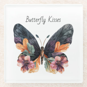 Black Peach Pink Floral Butterfly Kisses Glass Coaster