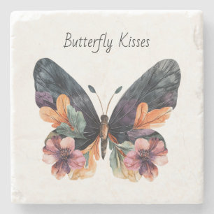 Black Peach Pink Floral Butterfly Kisses Stone Coaster