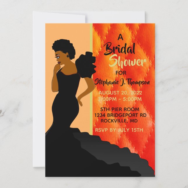 Black & Peach Quilted African American Bridal  Invitation (Front)