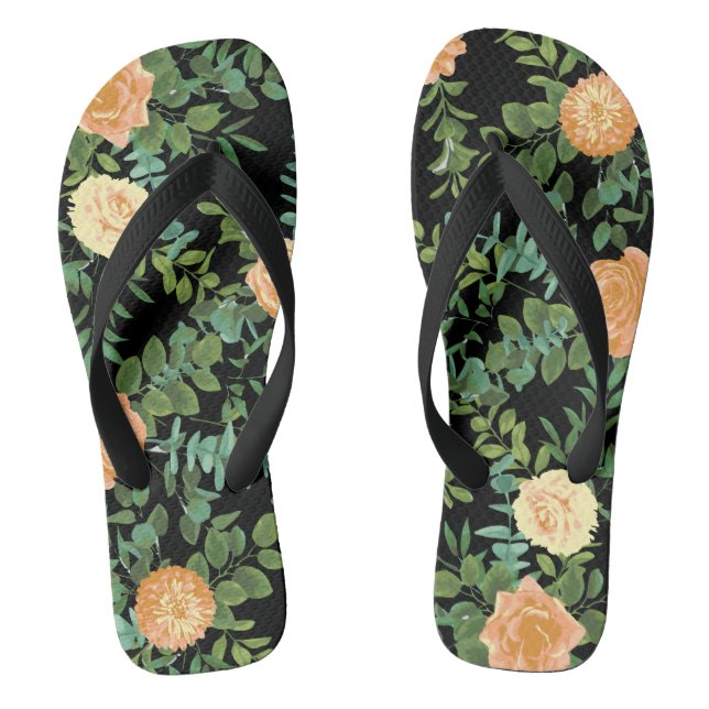 Black & Peach Wedding Modern Floral Flip Flops (Footbed)