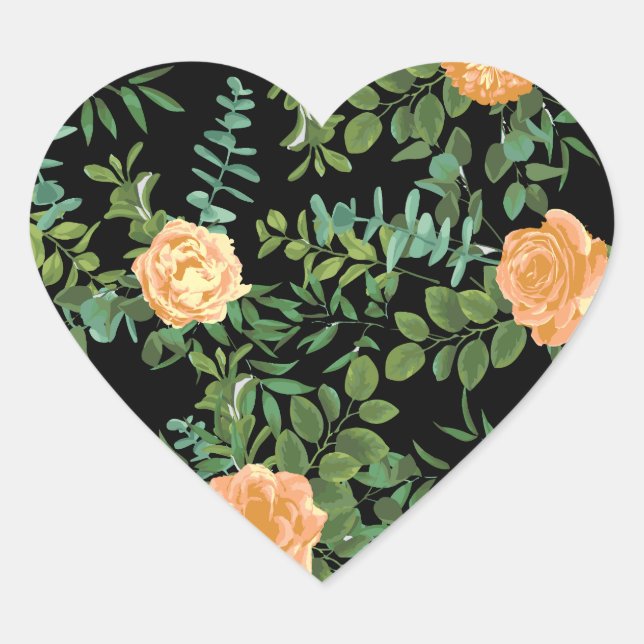 Black & Peach Wedding Modern Floral Heart Sticker (Front)