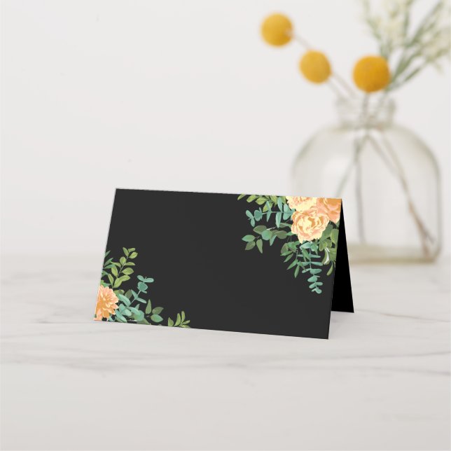 Black & Peach Wedding Modern Floral Place Card (Front)