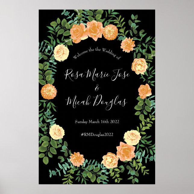 Black & Peach Wedding Modern Floral Poster (Front)