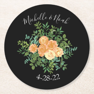 Black & Peach Wedding Modern Floral Round Paper Coaster