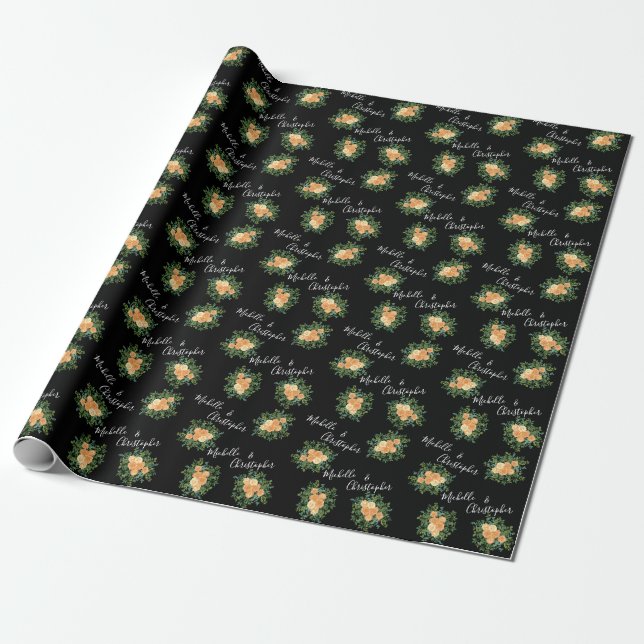 Black & Peach Wedding Modern Floral Wrapping Paper (Unrolled)