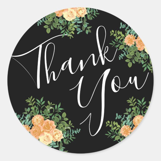 Black Peach Wedding Thank You Classic Round Sticker (Front)